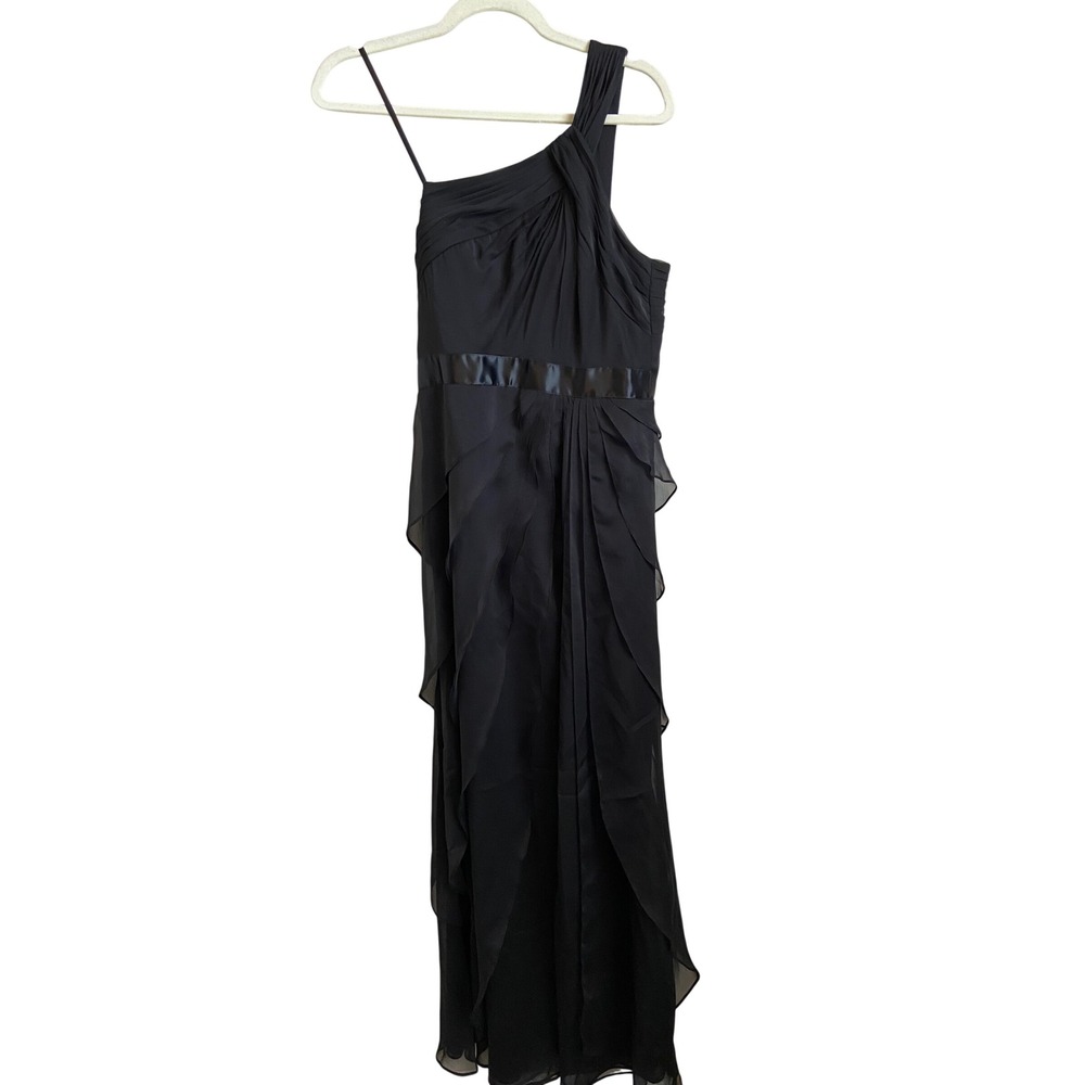 Adrianna Papell Womens Black One Shoulder Tiered Ruffle Chiffon Gown Size 6